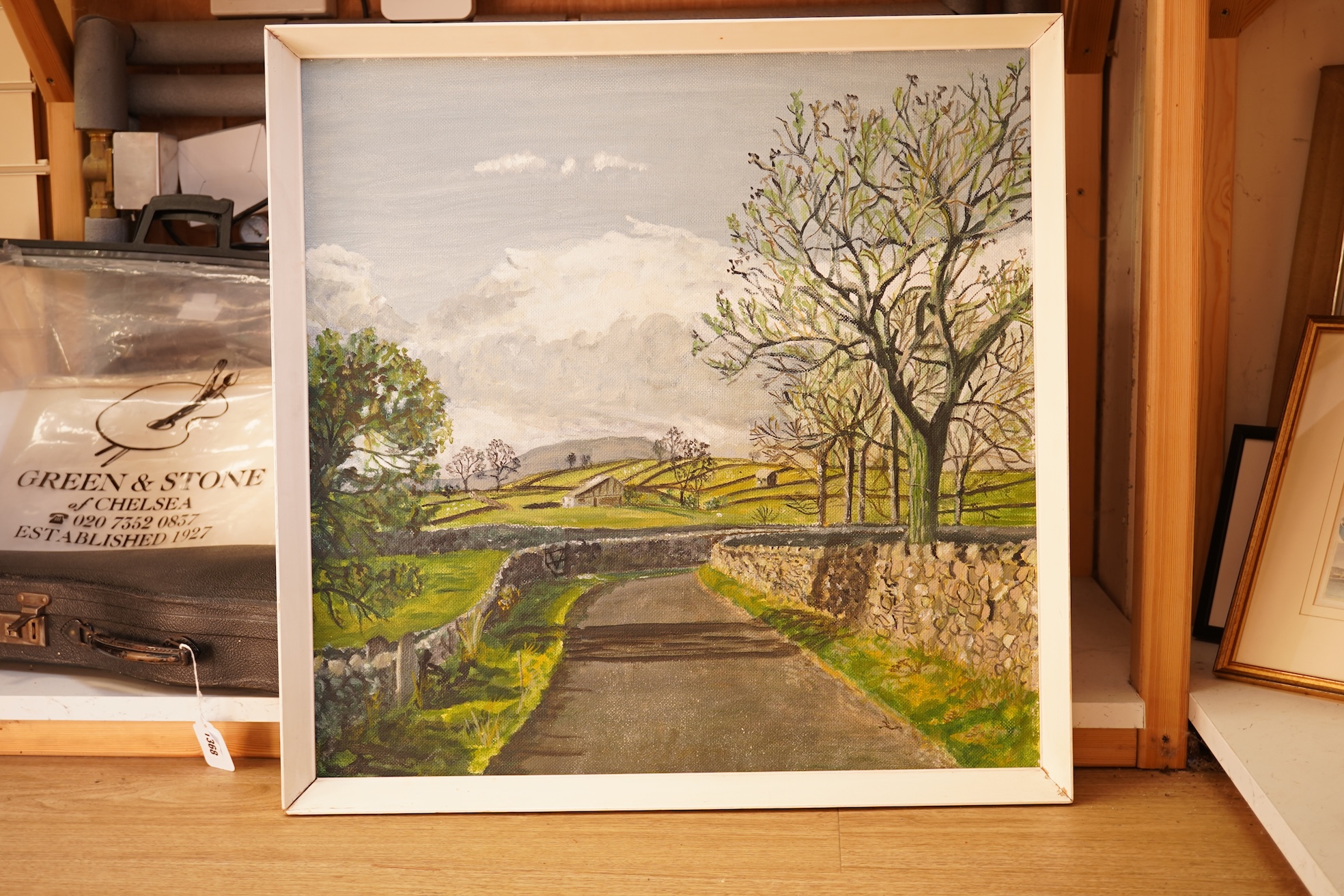Modern British, rural scene with lane before fields, unsigned, oil on artists board, 59 x 60cm